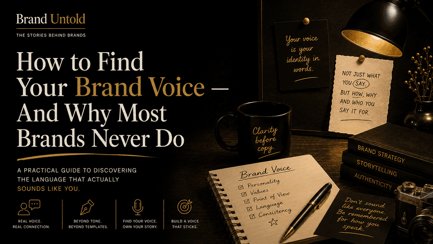 Brand Untold editorial cover for "How to find your brand voice" — a luxury black-and-gold workspace symbolizing authentic brand storytelling and brand identity. Brand Untold editorial cover for "How to find your brand voice" — a luxury black-and-gold workspace symbolizing authentic brand storytelling and brand identity.