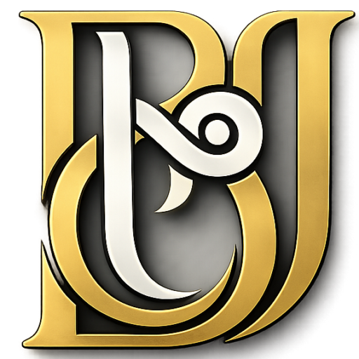 Gold and silver BU monogram logo on transparent background representing Brand Untold