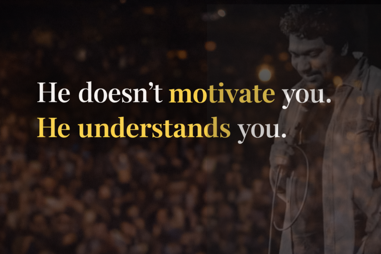 Text graphic with the quote “He doesn’t motivate you. He understands you.” over a blurred stage background and zakir khan image