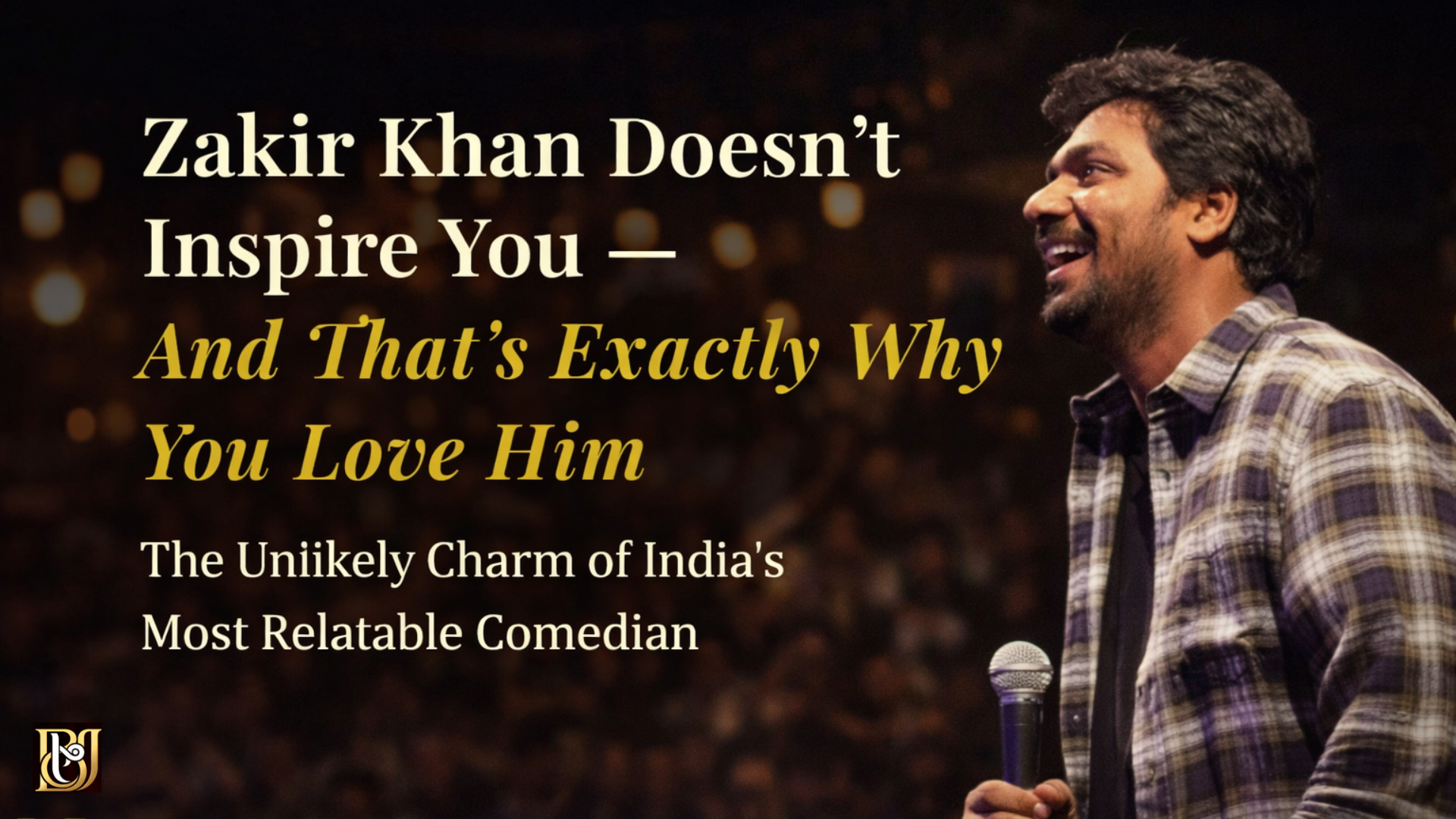 A stand-up comedian performing on stage with a microphone, smiling, with a bold blog headline about relatability and inspiration displayed beside him